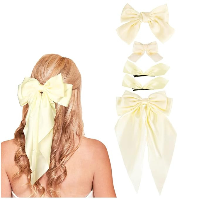 Cream White Hair Bow - 5PCS Hair Bows for Women Oversized Bride Bridemaid Hair Bows Long Tail Rib... | Amazon (US)