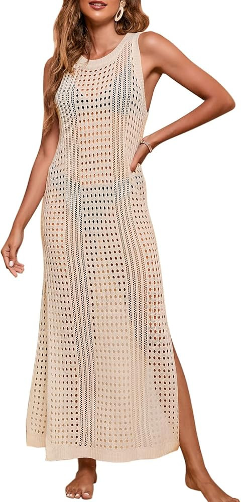 Alsol Lamesa Women’s Crochet Cover Up Hollow Out Side Split Sleeveless Long Beach Dress | Amazon (US)