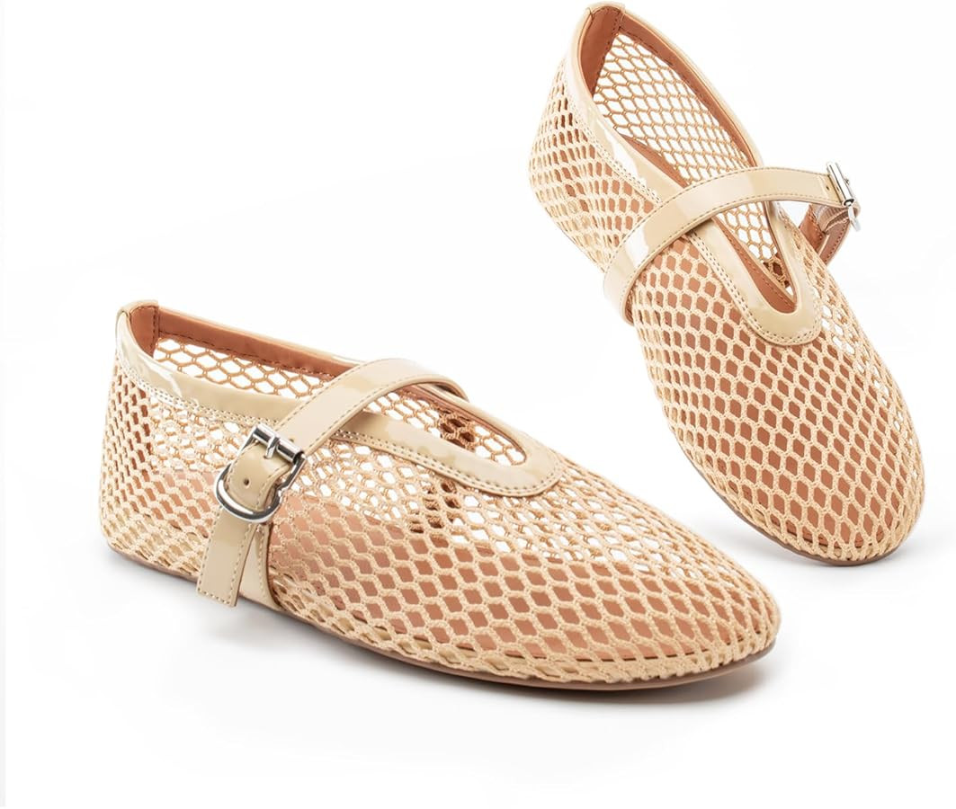 Women Mesh Flats Buckle Strap Round Toe Comfy Causal Ballet Flats Fashion Mary Jane Fishnet Balle... | Amazon (US)
