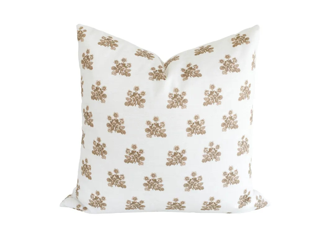 Floral Block Print Pillow Cover: Neutral Brown Flowers, 100% Cotton - Etsy | Etsy (US)
