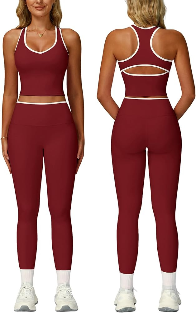 Women 2 Piece Workout Sets Racerback Color Block Tank Tops High Waist Tummy Control Active Leggin... | Amazon (US)