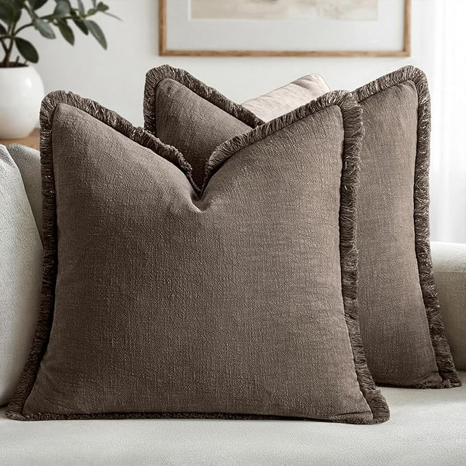 MIULEE Decorative Throw Pillow Covers Neutral Linen Fringe Throw Pillows Euro Shams Set of 2 Natu... | Amazon (US)