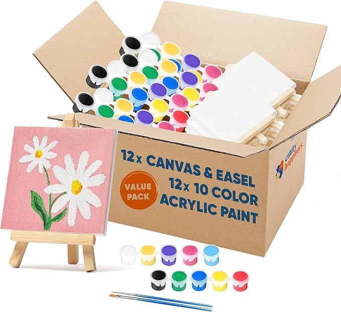 Set of 12 Mini 4x4 Canvas and Easel Set with 10 Colors Acrylic Paint - Bulk Kids Art Party Favors... | Amazon (US)