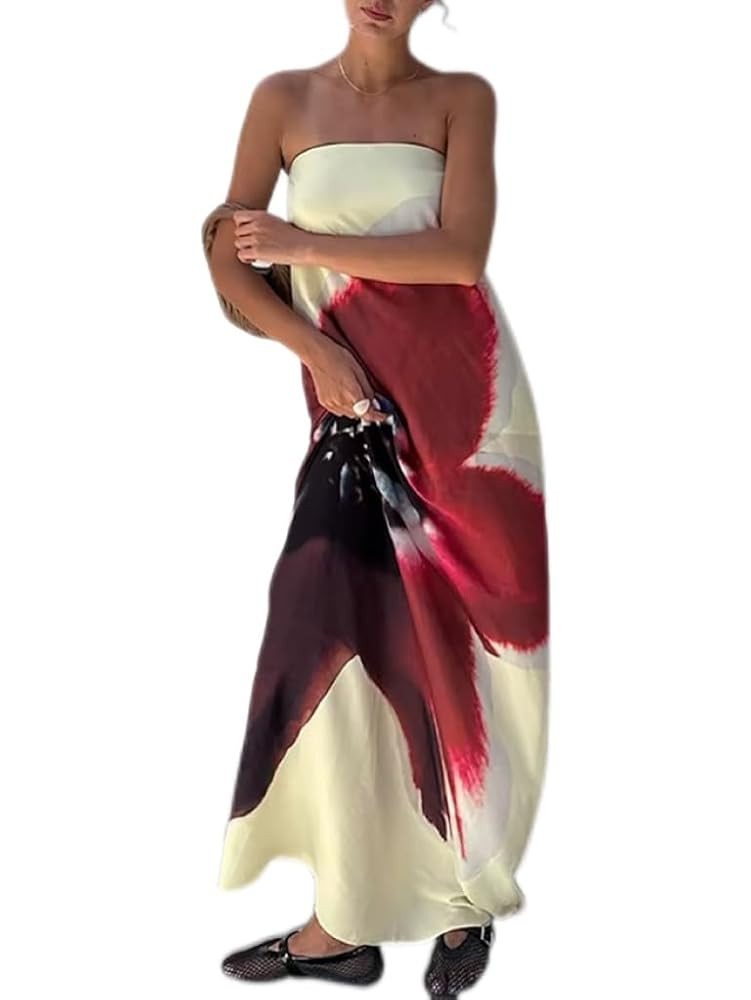 Women Y2k Strapless Maxi Dress Floral Print Tube Long Dress Boho Beach Sundress Going Out Streetw... | Amazon (US)