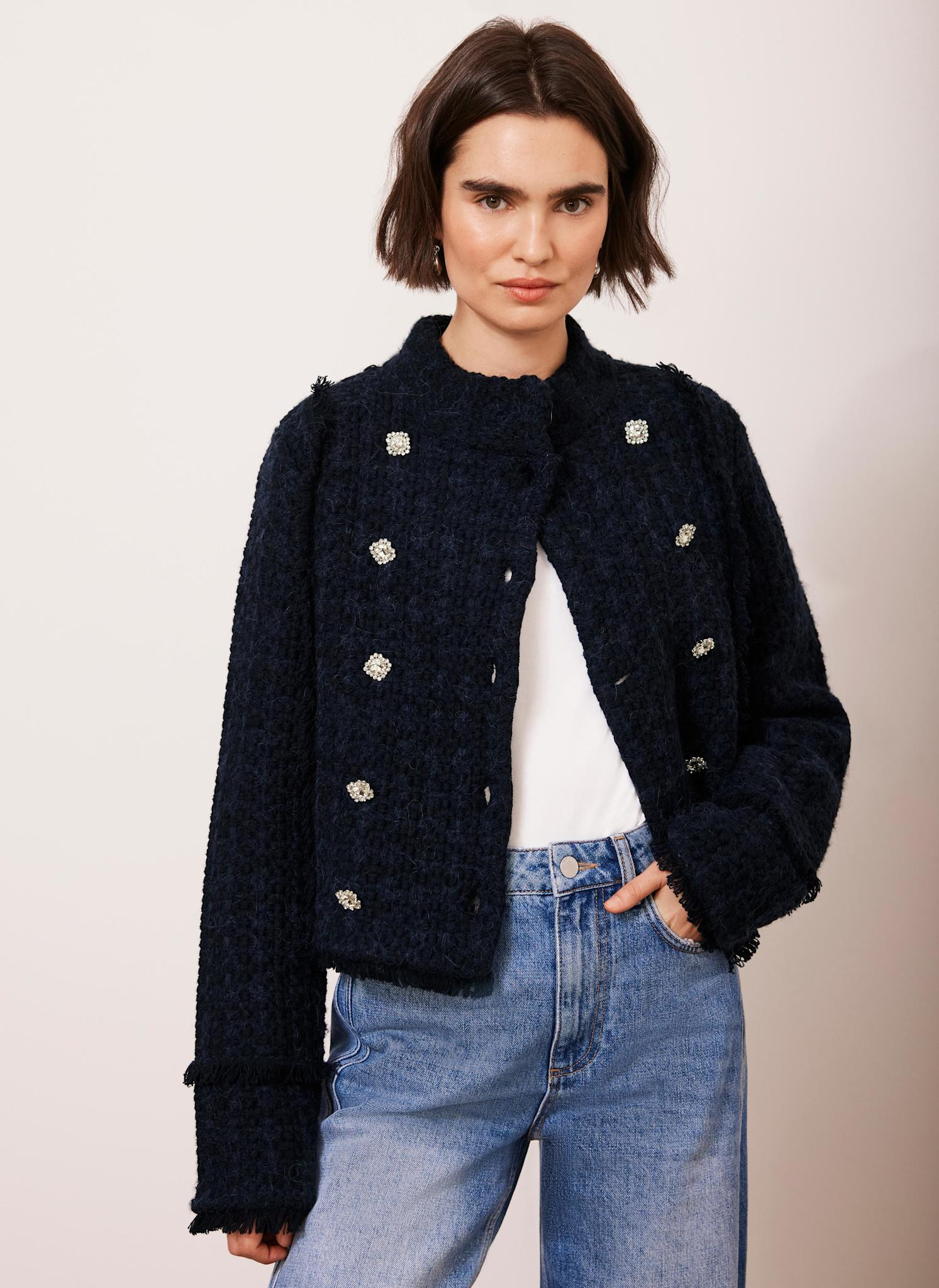 Navy Cotton Blend Boucle Knit Jacket | Mint Velvet