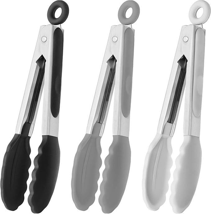 HINMAY Small Silicone Tongs 7-Inch Mini Serving Tongs, Set of 3 (Black Gray White) | Amazon (US)