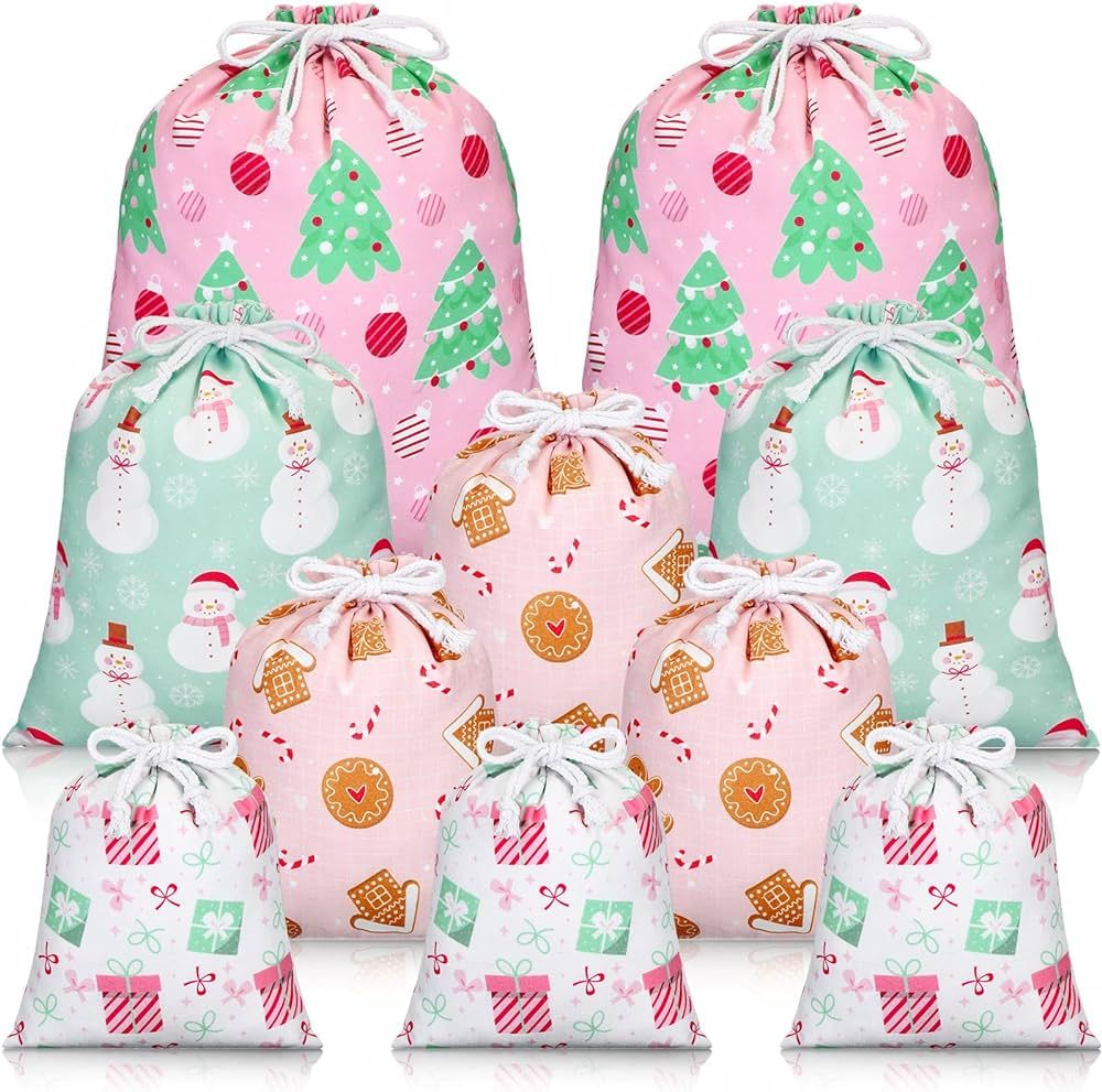 Clysee 10 Pcs Pink Christmas Fabric Gift Bags with Drawstrings Xmas Stocking Storage Sacks Large ... | Amazon (US)