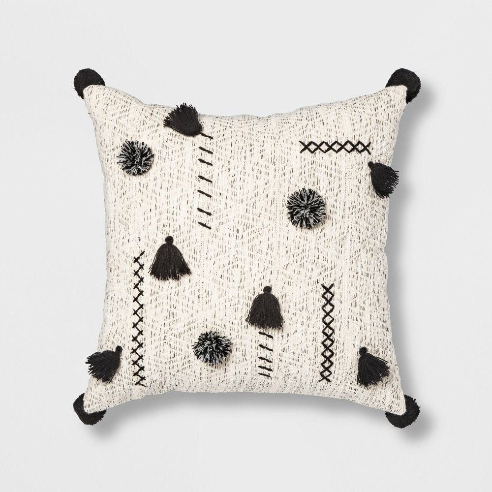 Abstract Tassel & Pom Square Throw Pillow Cream/Black - Opalhouse , Beige | Target