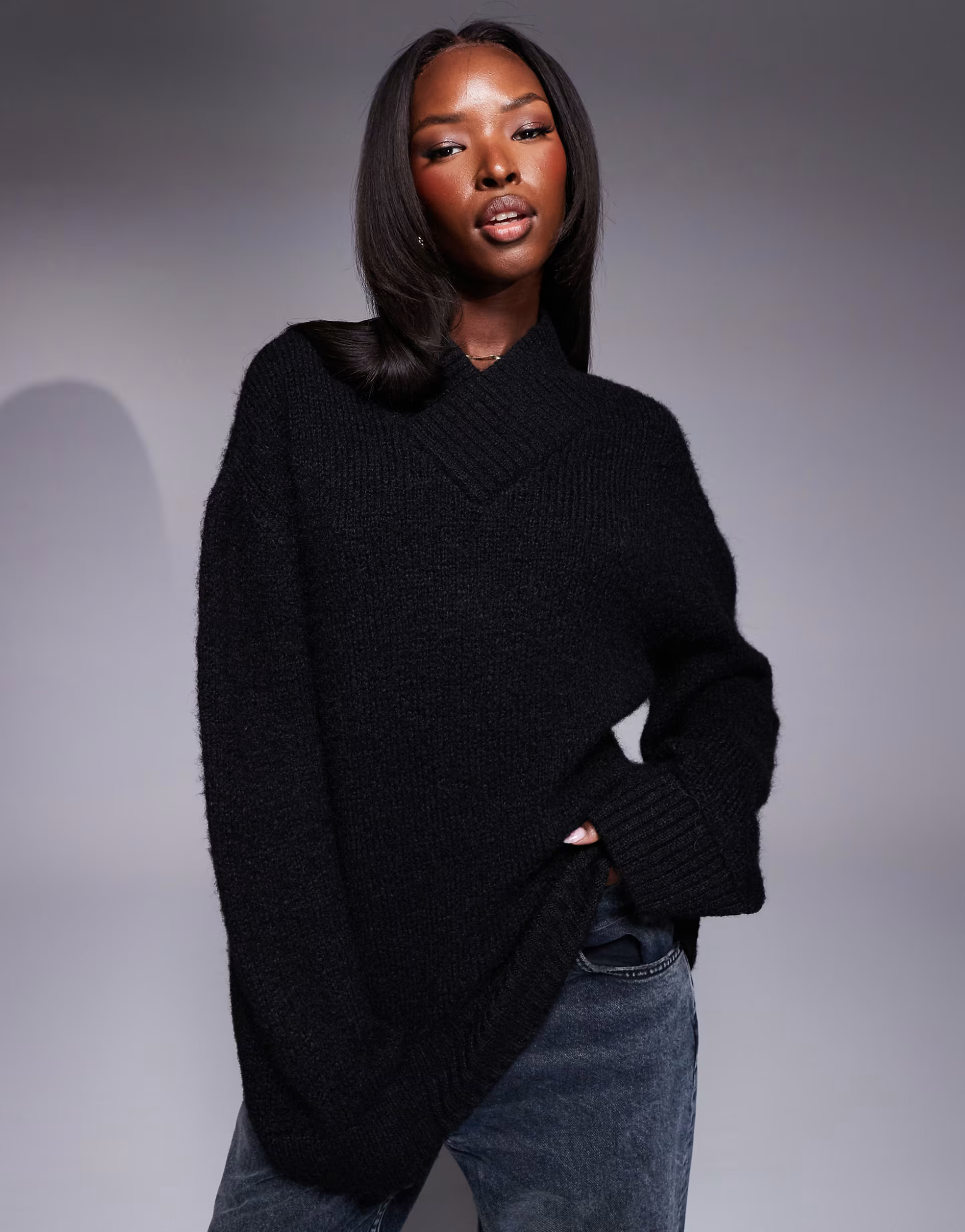 ASOS DESIGN wool blend high v neck jumper in black | ASOS (Global)