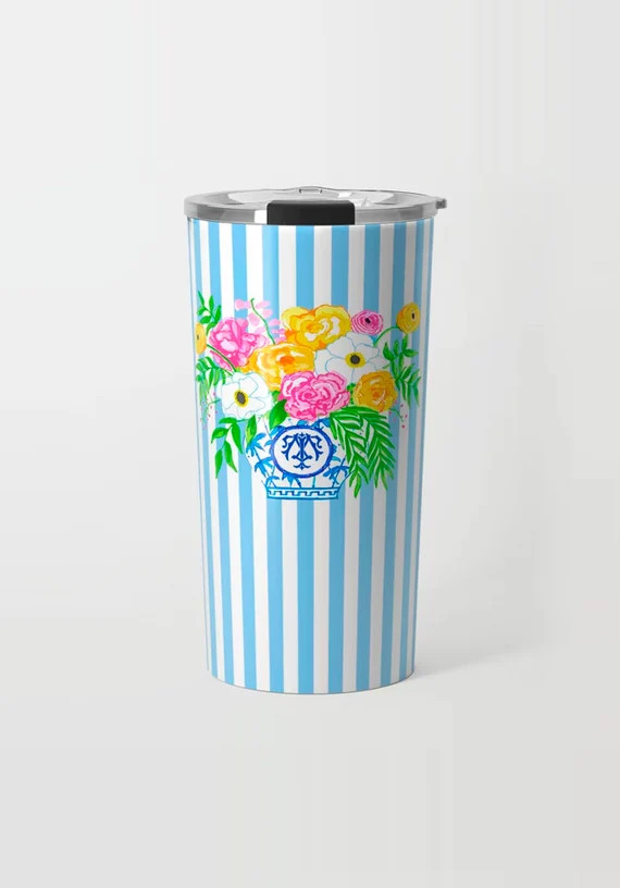 Mother's Day Travel Tumbler Monogrammed Blue White Ginger Jar Stripe Bamboo Flower Floral Arrange... | Etsy (US)