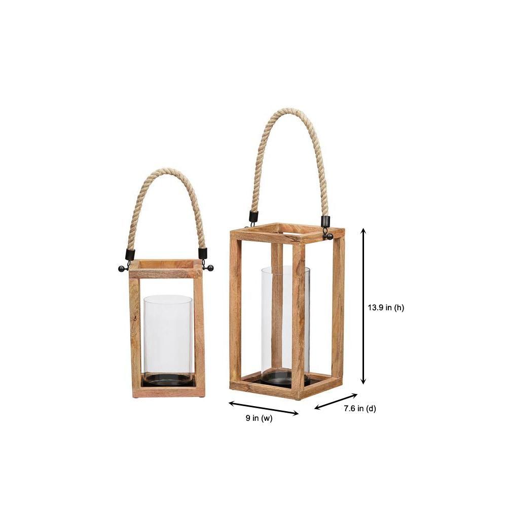 StyleWell Natural Mango Wood Candle Hanging or Tabletop Lantern with Rope Handle (Set of 2) | The Home Depot