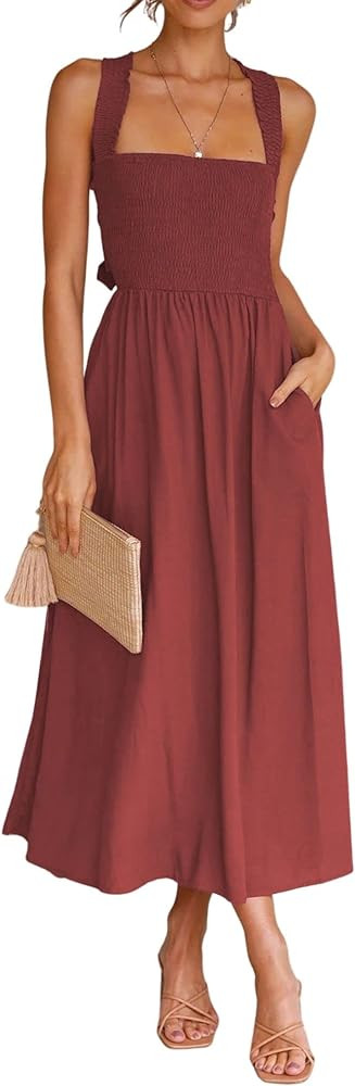 CHARTOU Women Sexy Spaghetti Strap Cut out Smocked Dress Party Backless Flowy Midi Dress with Poc... | Amazon (US)