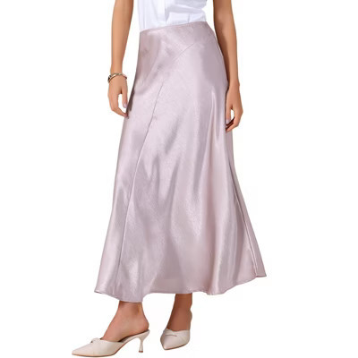 INSPIRE CHIC Women's Satin High Waisted Elastic Waistband Casual Flowy Elegant Maxi Skirt Pink Large | Target