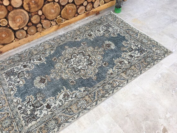 3'9"x6'10" Vintage Turkish Oushak Rug,Distressed Low Pile Anatolian Oushak Area Rug,Deep Green Ru... | Etsy (US)