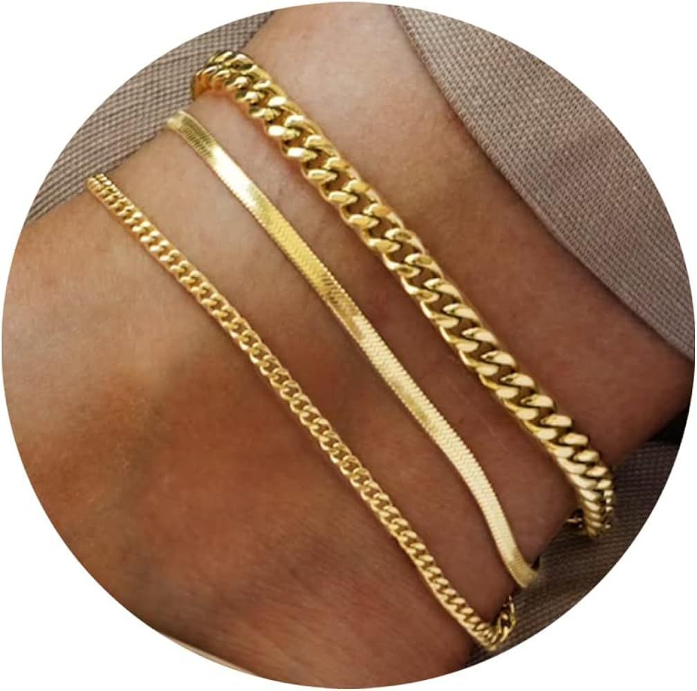TOSGMY Gold Silver Ankle Bracelets for Women, 14K Gold Anklets for Women Waterproof Cuban Figaro ... | Amazon (US)