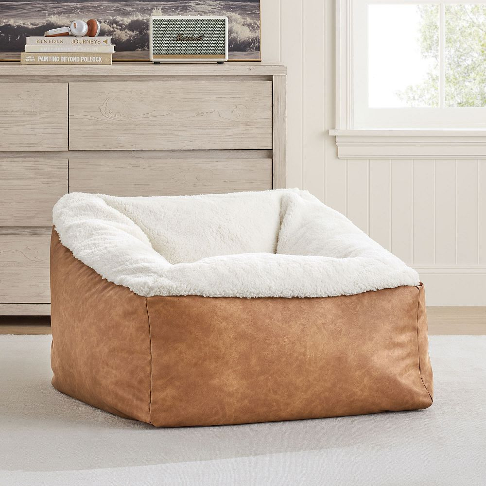 Large Faux Leather Caramel &amp; Sherpa Ivory Modern Bean Bag Lounger | Pottery Barn Teen