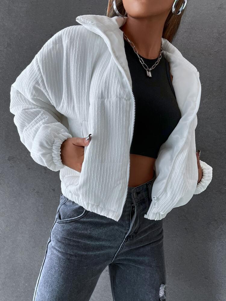 Solid Pocket Zipper Fly Winter Coat | SHEIN