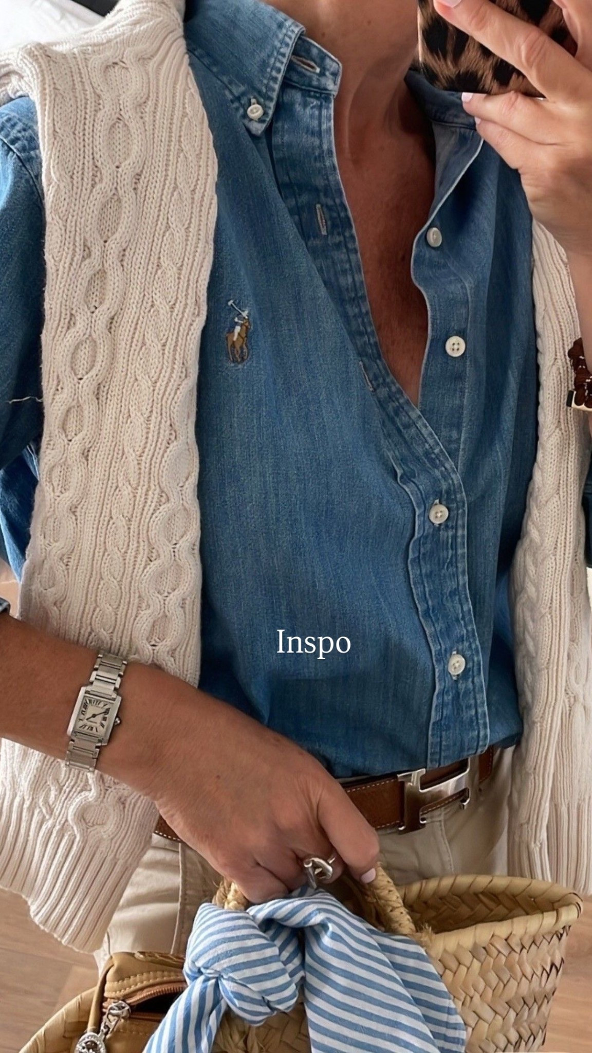 Polo Ralph Lauren inspired outfit, chambray denim top, cable sweater, and trousers and belt 

#LTKStyleTip