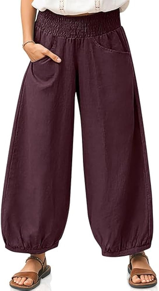 TARSE Womens Linen Wide Leg Pants Casual Loose Elastic Waisted Barrel Beach Palazzo Pants with Po... | Amazon (US)