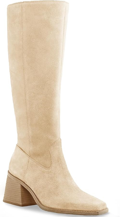 Coutgo Women's Knee High Boots Wide Calf Square Toe Chunky Heeled Pull-on Boot | Amazon (US)