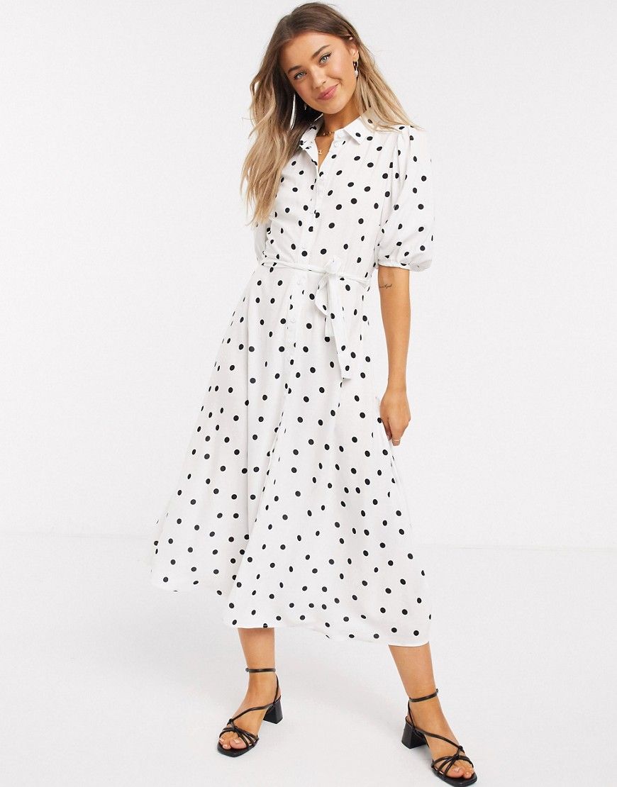 New Look puff sleeve midi shirt dress in white polka dot | ASOS (Global)