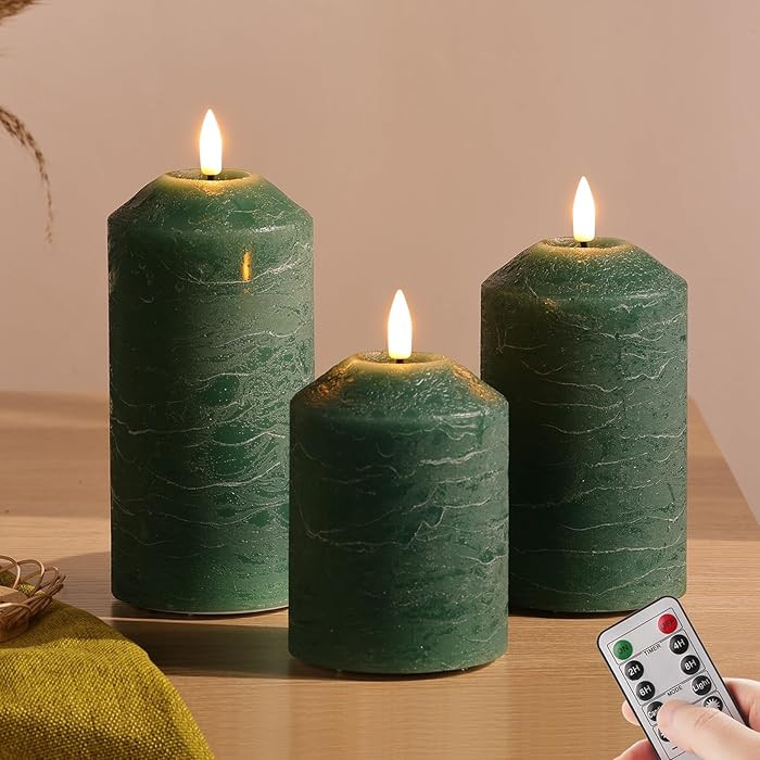 Eywamage Green Flameless Pillar Candles with Remote, Real Wax LED Candles Battery Operated Flicke... | Amazon (US)