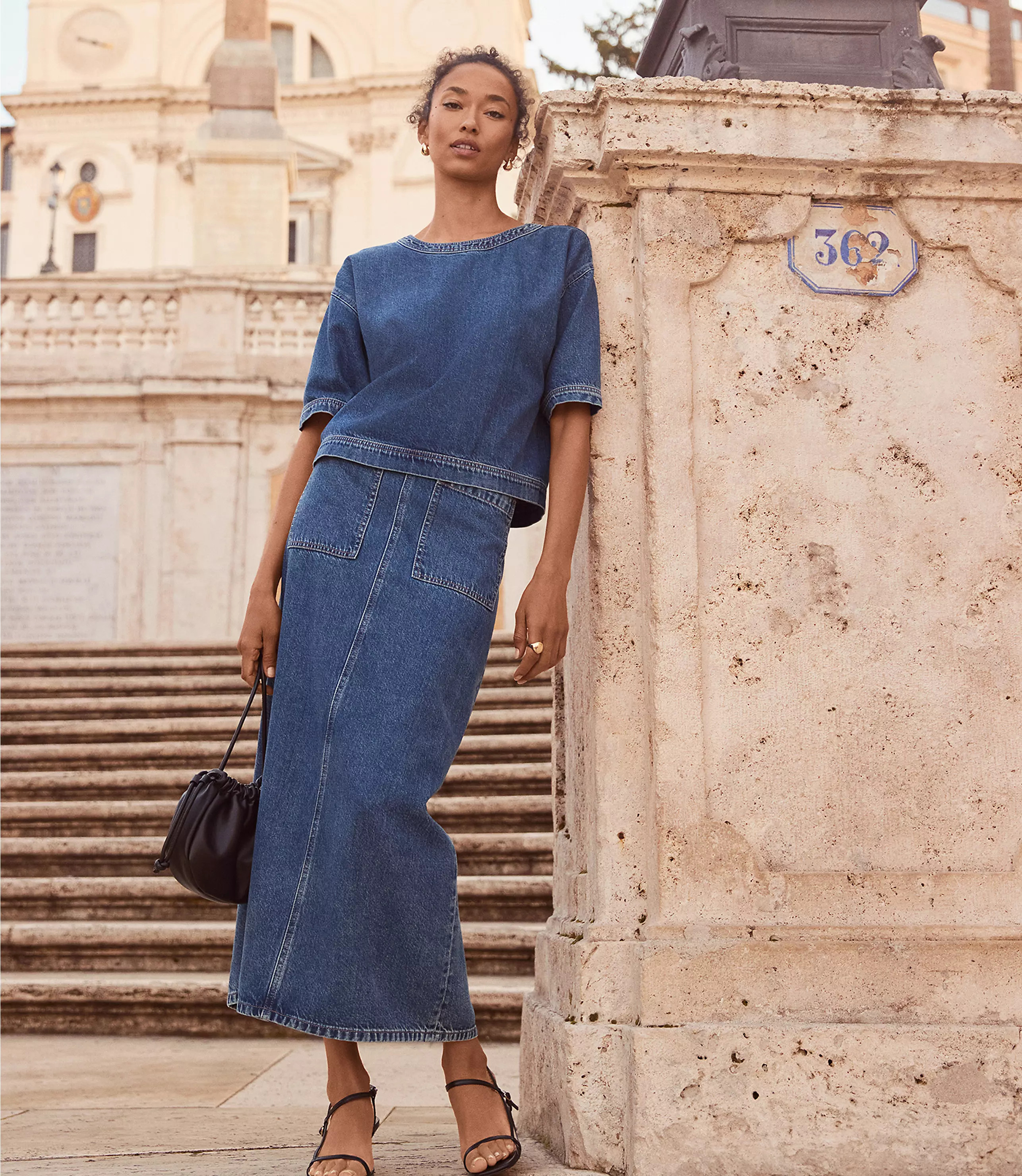 Denim Patch Pocket Midi Skirt in Classic Mid Wash | LOFT