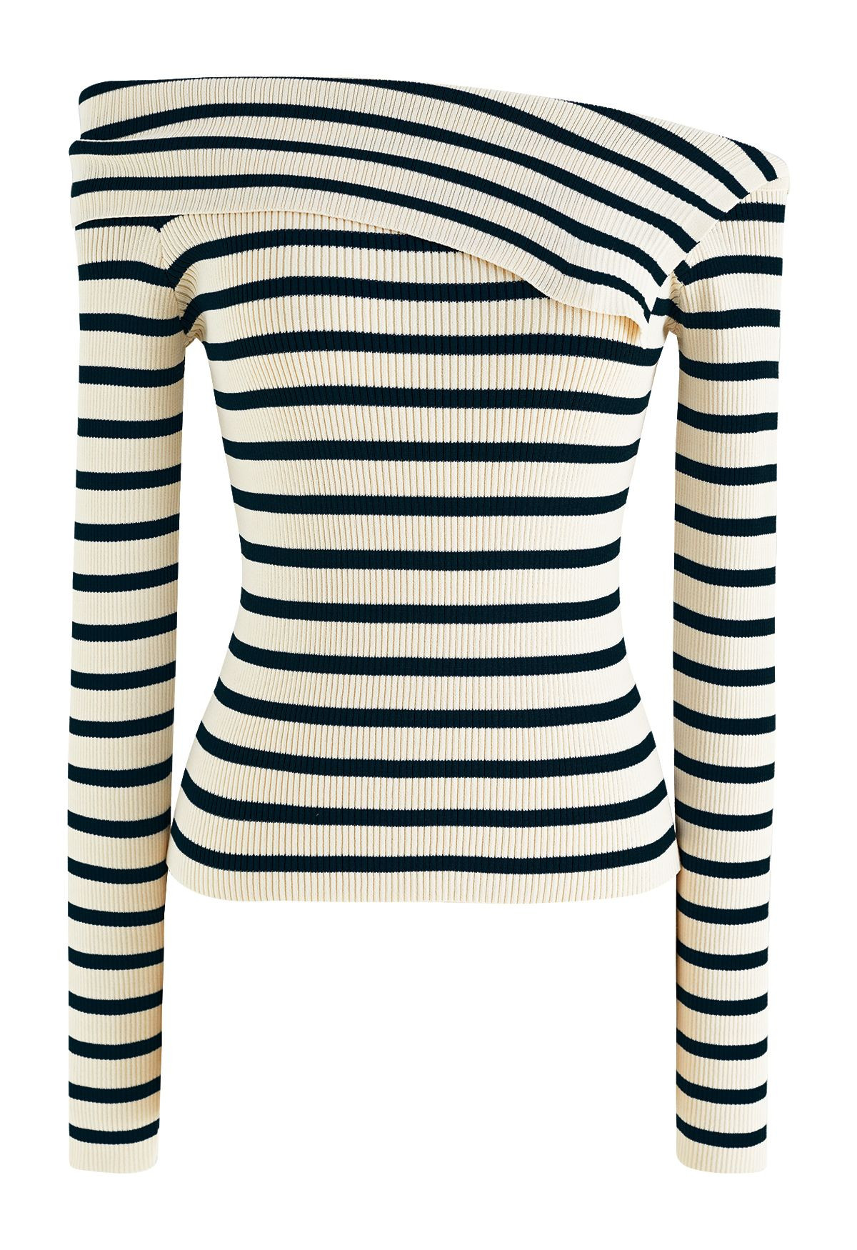 Folded Off-Shoulder Striped Knit Top in Black | Chicwish