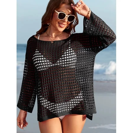 Cueply Swimsuit Coverup for Women Crochet Long Sleeve Bikini Beach Cover Up Tops Summer Vacation Outfits | Walmart (US)