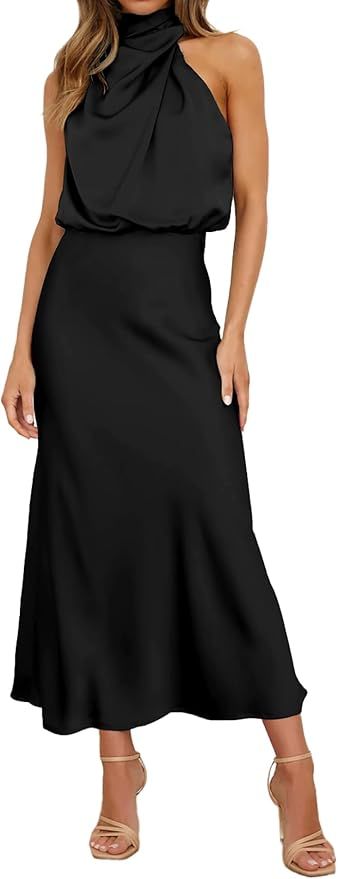 Women's Satin Maxi Dress Elegant Sleeveless Mock Neck Cocktail Party Dresses | Amazon (US)