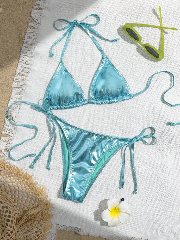 Swim Vcay Solid Color Neck Tie Split Bikini Swimwear, Summer | SHEIN