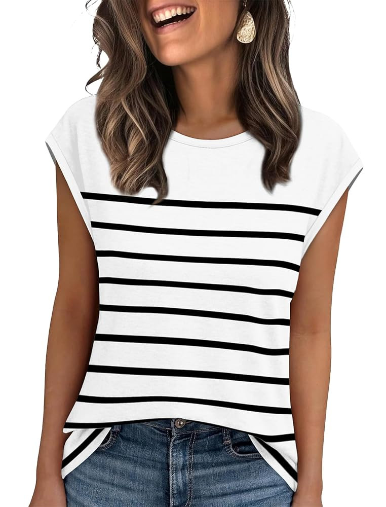 XIEERDUO Womens Tops Dressy Casual Summer Striped Shirts Cap Sleeve Tops Color Block Loose Fit | Amazon (US)