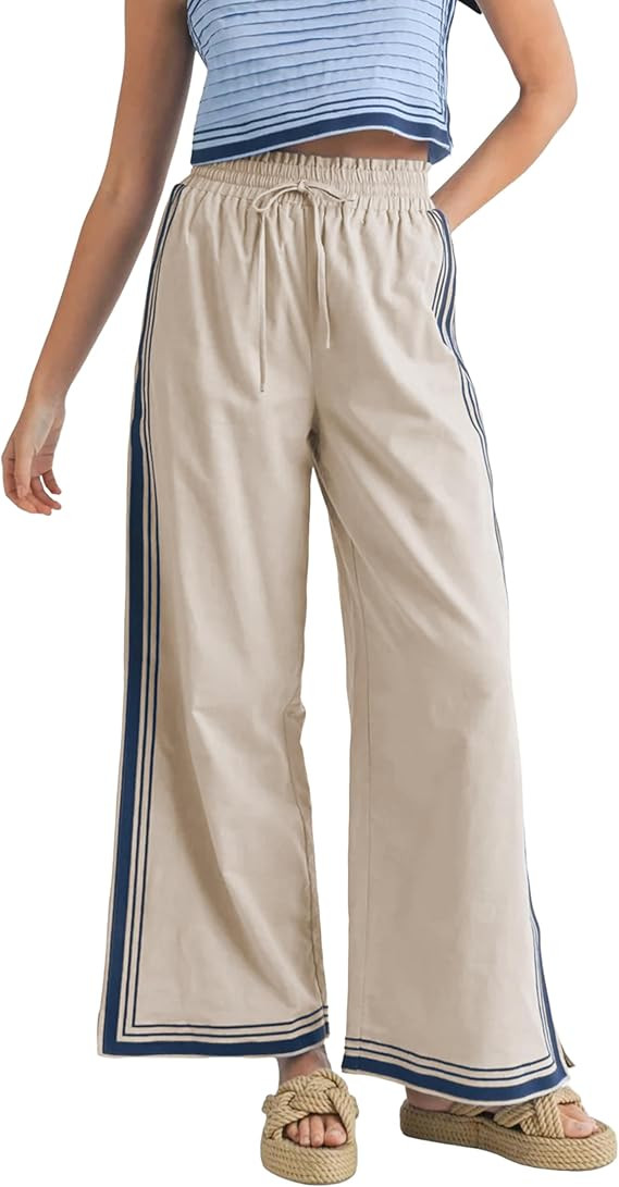 Womens Casual Wide Leg Side Striped Pant Drawstring Elastic Waist Lounge Palazzo Pants with Pocke... | Amazon (US)
