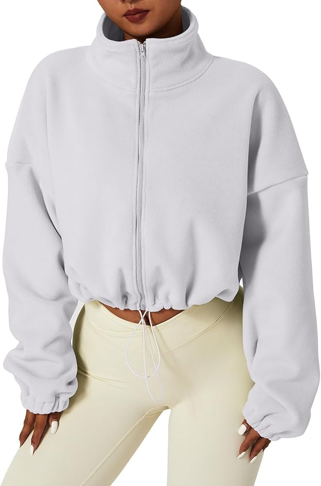 QINSEN Women's Full Zip Fleece Short Jacket Warm Winter Long Sleeve Stand Collar Sherpa Crop Coat | Amazon (US)