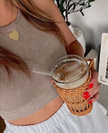 This cup is my absolute favorite for iced coffee! 
Boho cup, iced coffee cup, coastal grandma, rattan accents, rattan cup