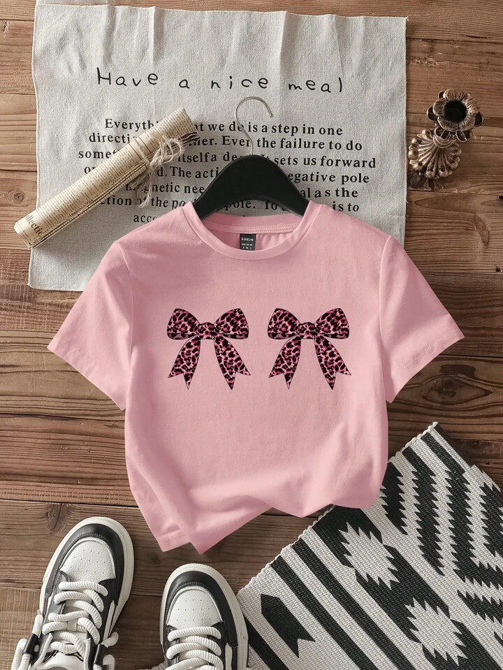 SHEIN EZwear Women Casual Simple Leopard Bow Decor Round Neck Short Sleeve Crop Top, Suitable For... | SHEIN