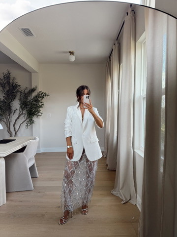 Blazer-s, grab a safety pin so its not too low cut. Skirt- small.  

 