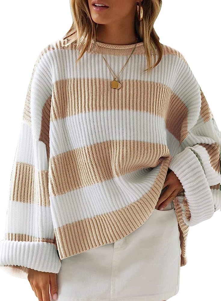LEANI Womens Color Block Striped Oversized Sweaters Long Sleeve Crewneck Pullover Loose Chunky Kn... | Amazon (US)