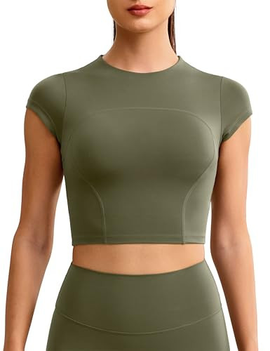 ENERBLOOM Workout Crop Tops for Women Yoga Short Sleeve Mild Support Slim Fit Cropped Athletic Shirts Gym Tee Built in Bra Green XX-Large | Amazon (US)