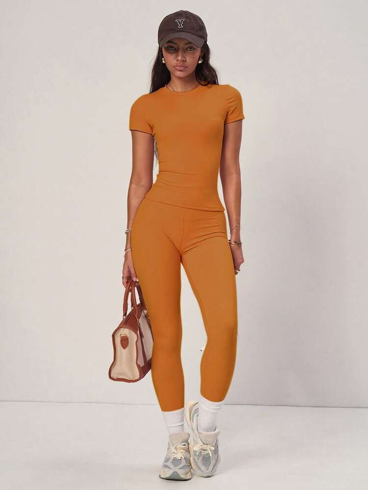 PinkTip Orange Basic Cropped Top And Shorts Set, High Waist Loose Fit, Casual And Fitness Essential For Summer | SHEIN