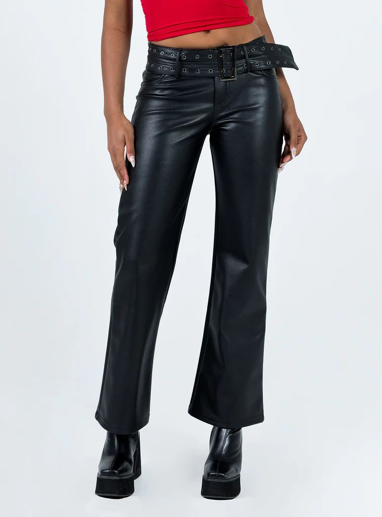 Torridon Eyelet Belt Faux Leather Pants Black | Princess Polly US