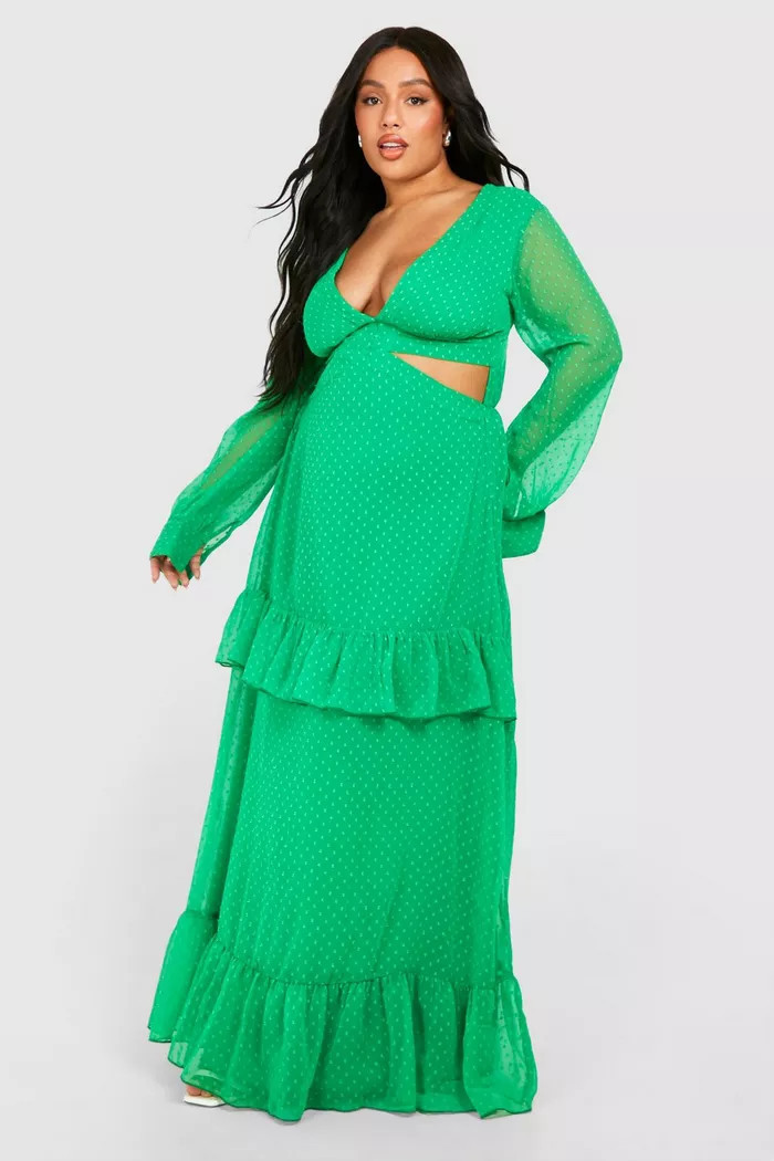Plus Dobby Mesh Cut Out Frill Hem Maxi Dress | boohoo (US & Canada)