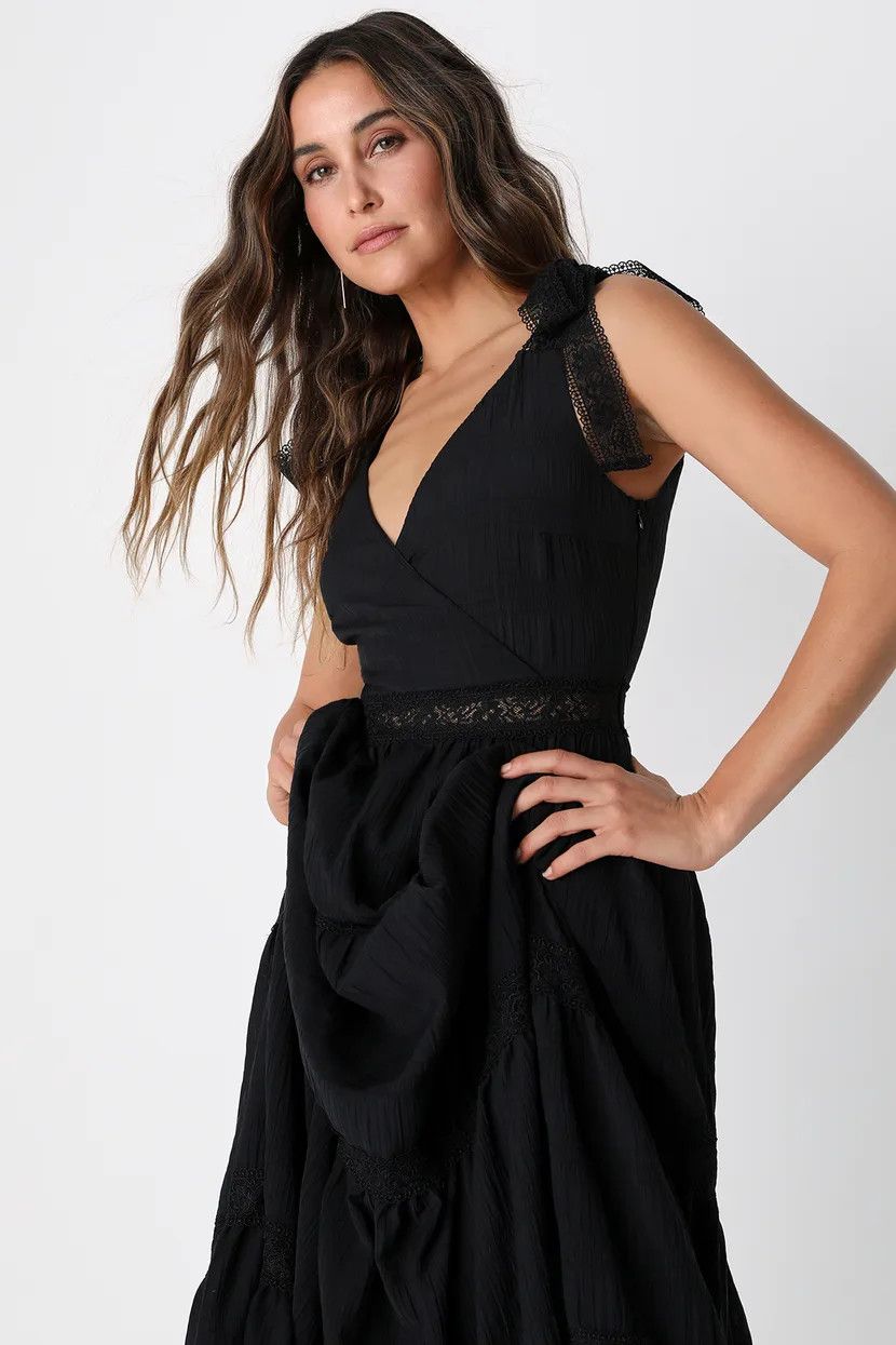 Black Tiered Lace Tie-Strap Maxi Dress | Black Dress Dresses | Black Tie Wedding | Spring 2023 | Lulus (US)