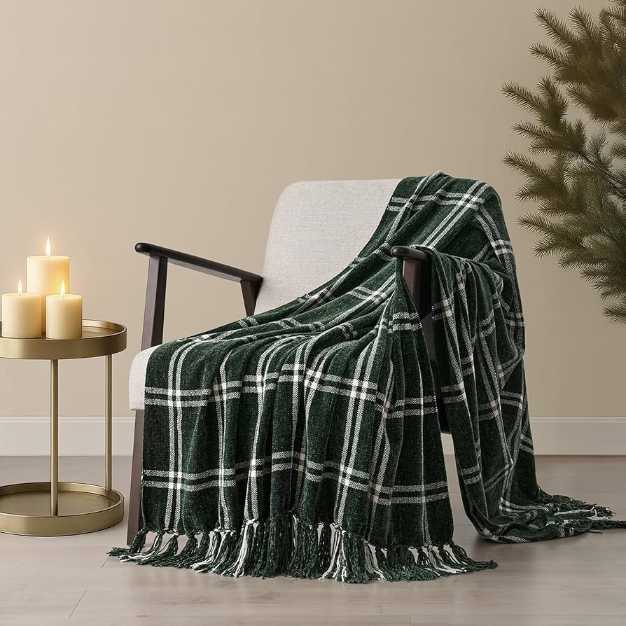 EVERGRACE Plaid Chenille Throw Blanket for Couch, Super Soft Cozy Decorative Windowpane Grid Plai... | Amazon (US)