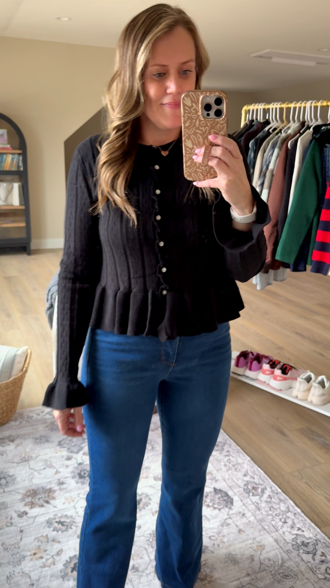 Walmart finds 
Sweater 
Denim 
OOTD 
Slippers 
Kitten heels 

#LTKOver40 #LTKootd #LTKMidsize