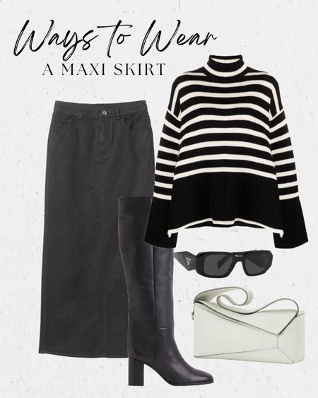 Ways to wear a maxi skirt - pair with a striped knit and knee boots for a comfy yet chic outfit - get 10% off my toteme strip knit with Farfetch discount code CB10 *t&cs apply #maxiskirt #waystowear #stripeknit #howtostyle 

#LTKFind #LTKeurope #LTKstyletip