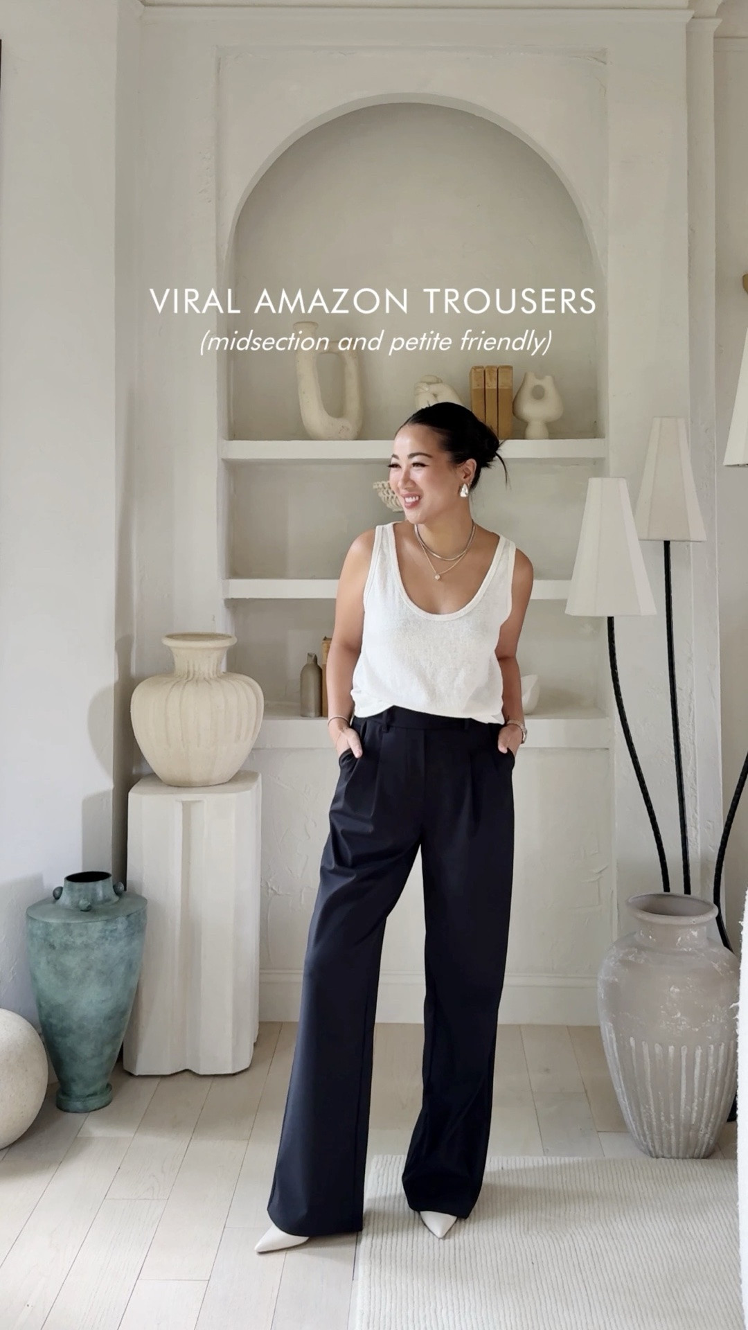 Comparing these Amazon trousers to the Lululemon Daydrift pants:
- These Amazon trousers have the same inseam as the Daydrift ‘Short’ inseam
- The fabric composition is nearly identical
- Both have a hidden internal elastic to help adjust the waist
- Both have a polished relaxed silhouette 

Under $40, these pants have a relaxed polished silhouette that goes with virtually everything from a simple tee to a lace blouse. 

For size reference, I’m 5 ft 115 pounds and wearing an XS in these Amazon trousers, Small in the Target tank and size 4 in the Sézane lace blouse.

#LTKPetite #LTKootd #LTKOver40