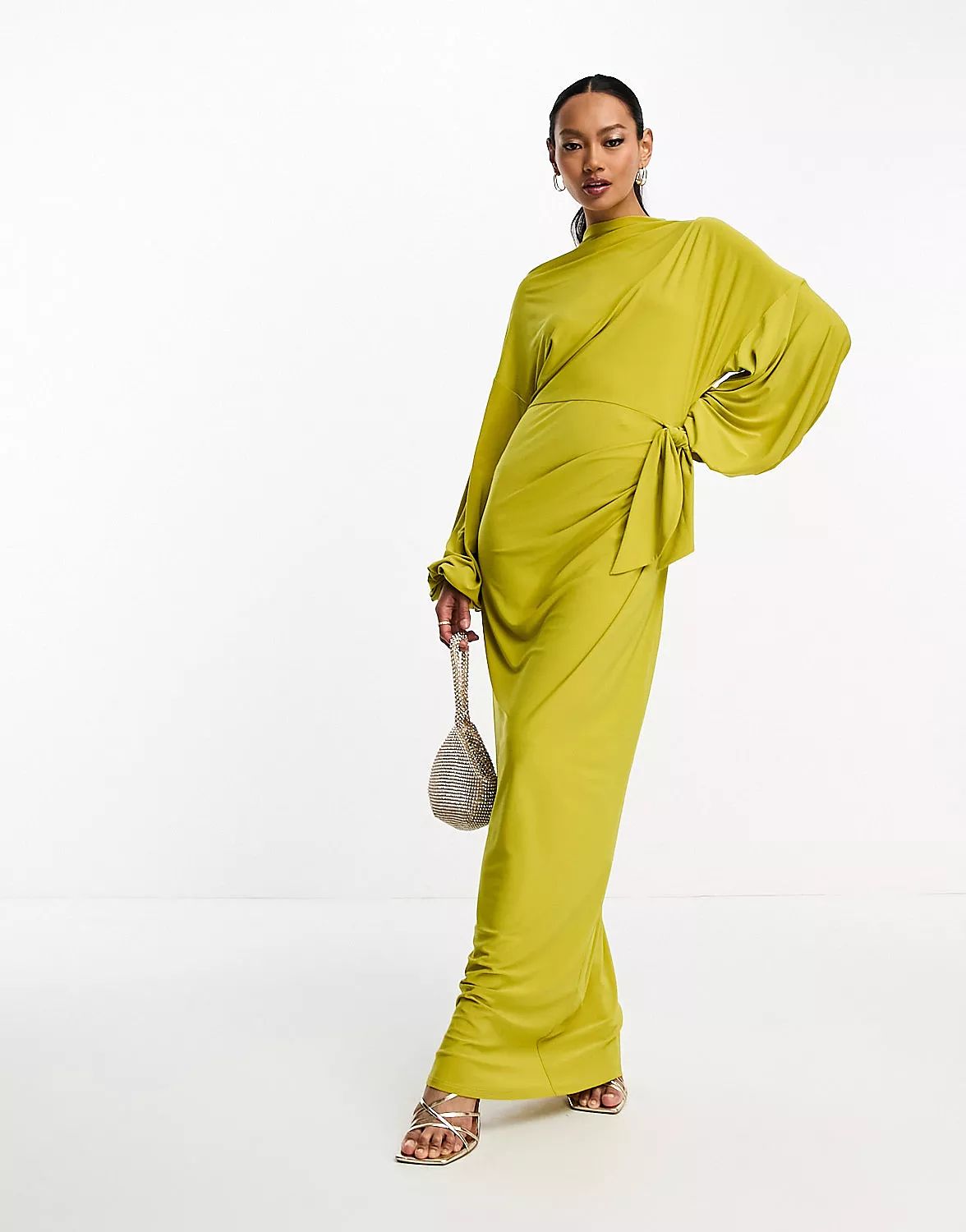 ASOS DESIGN volume sleeve maxi dress with side wrap skirt in chartreuse | ASOS (Global)