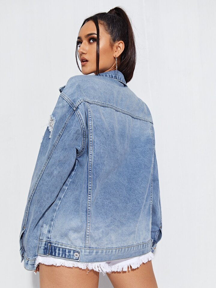 SHEIN ICON Ripped Detail Drop Shoulder Denim Jacket | SHEIN
