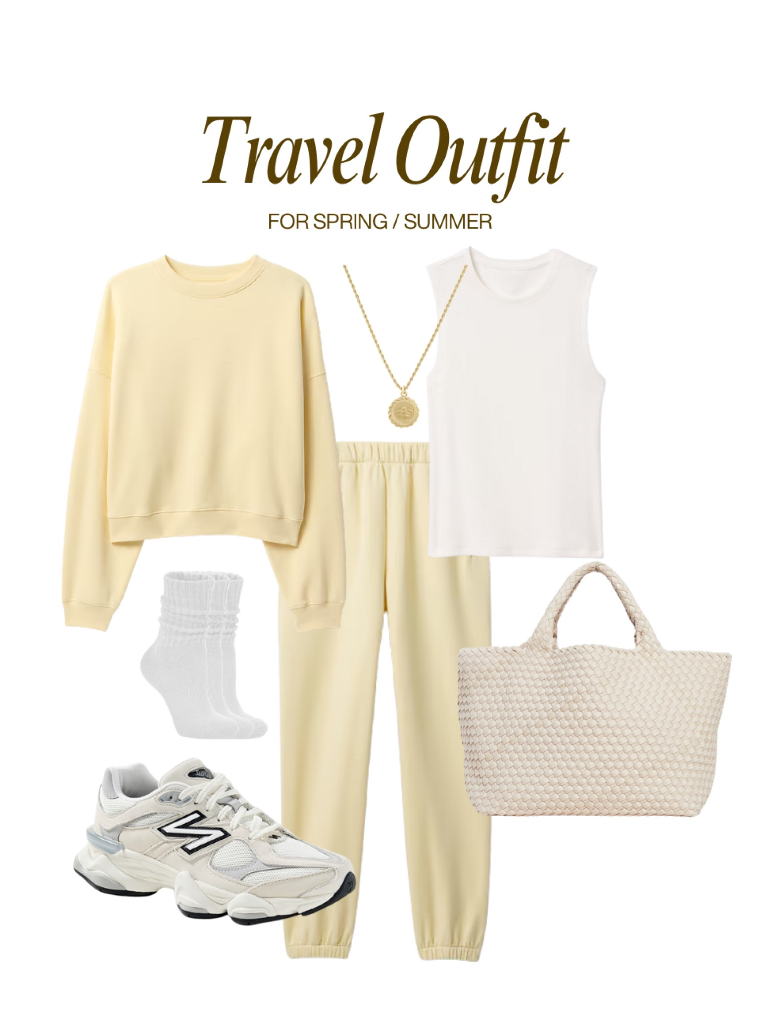 travel outfit idea ✈️ gap loungewear, butter yellow trend, woven travel bag, tote, new balance sneakers, white socks, white tank, necklace 

#LTKFindsUnder100 #LTKFindsUnder50 #LTKTravel